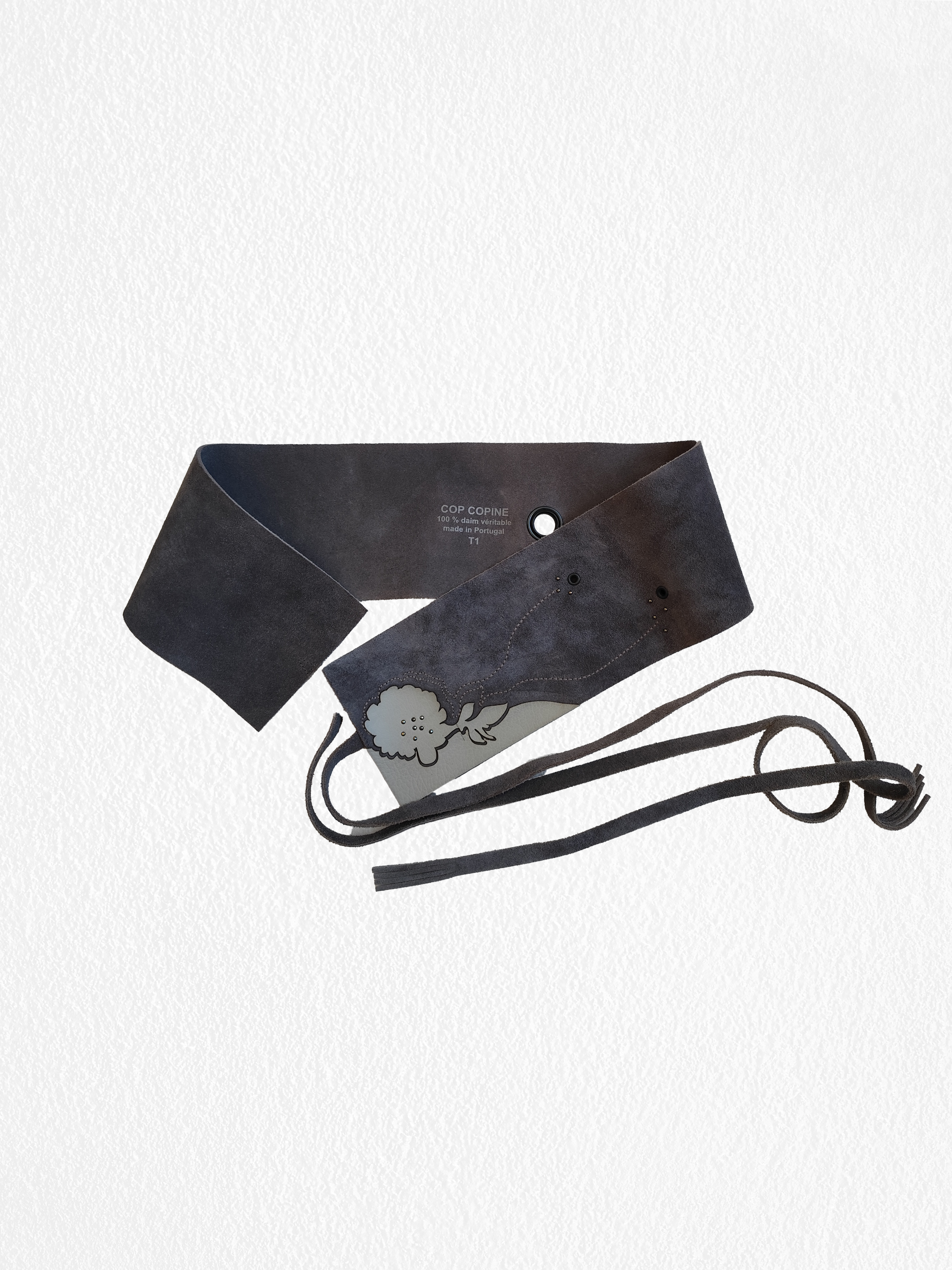 Cop Copine grey wide belt with floral cutout detail
