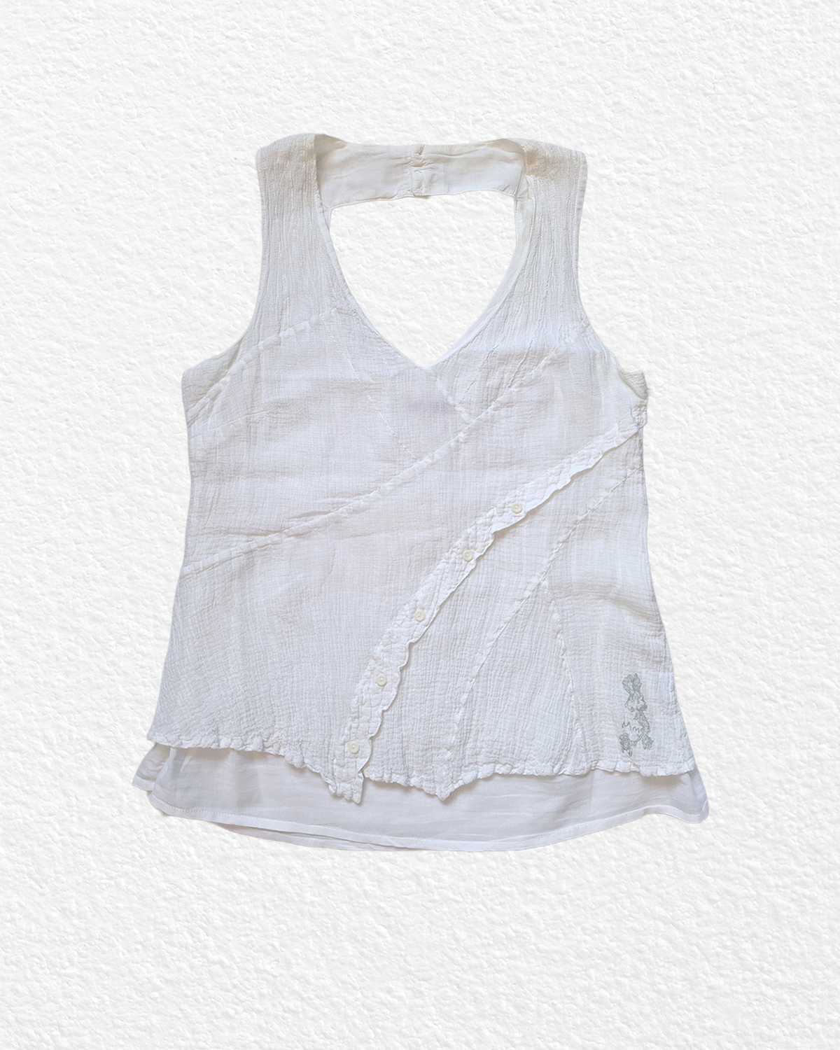 White cotton gauze top with open back and diagonal button trim — L