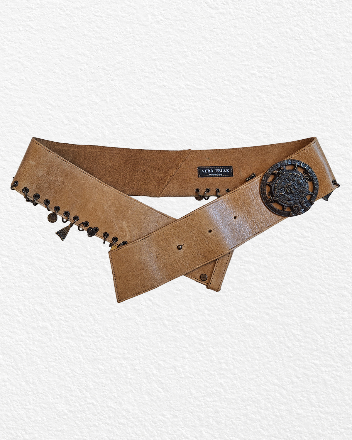 Made in Italy Genuine Leather Wide Belt with Metal Pendants - S,M