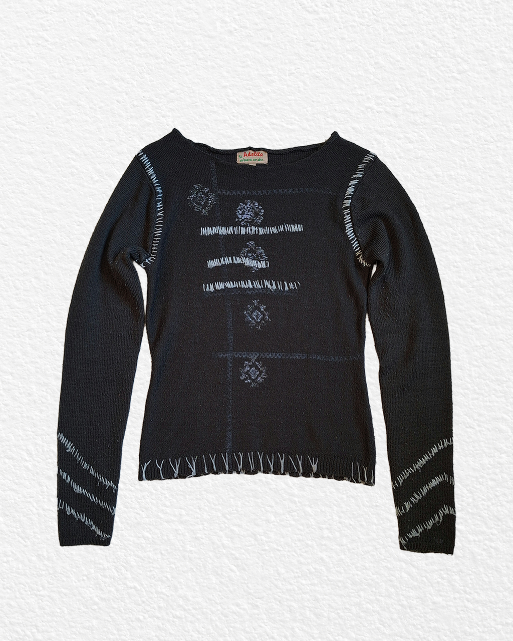 Vintage Black Sweater with Raised White Seams - S