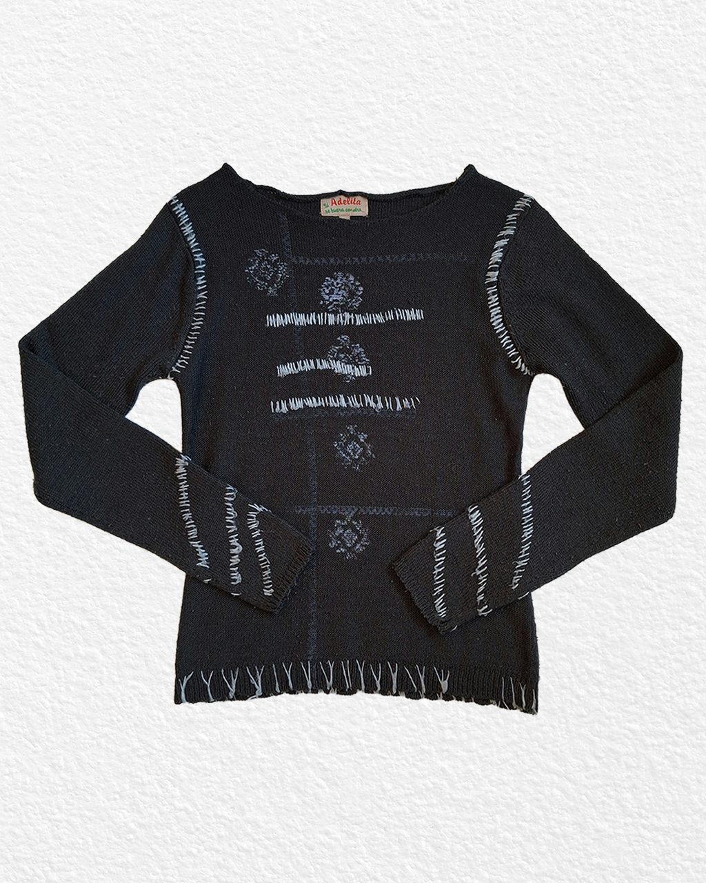 Vintage Black Sweater with Raised White Seams - S