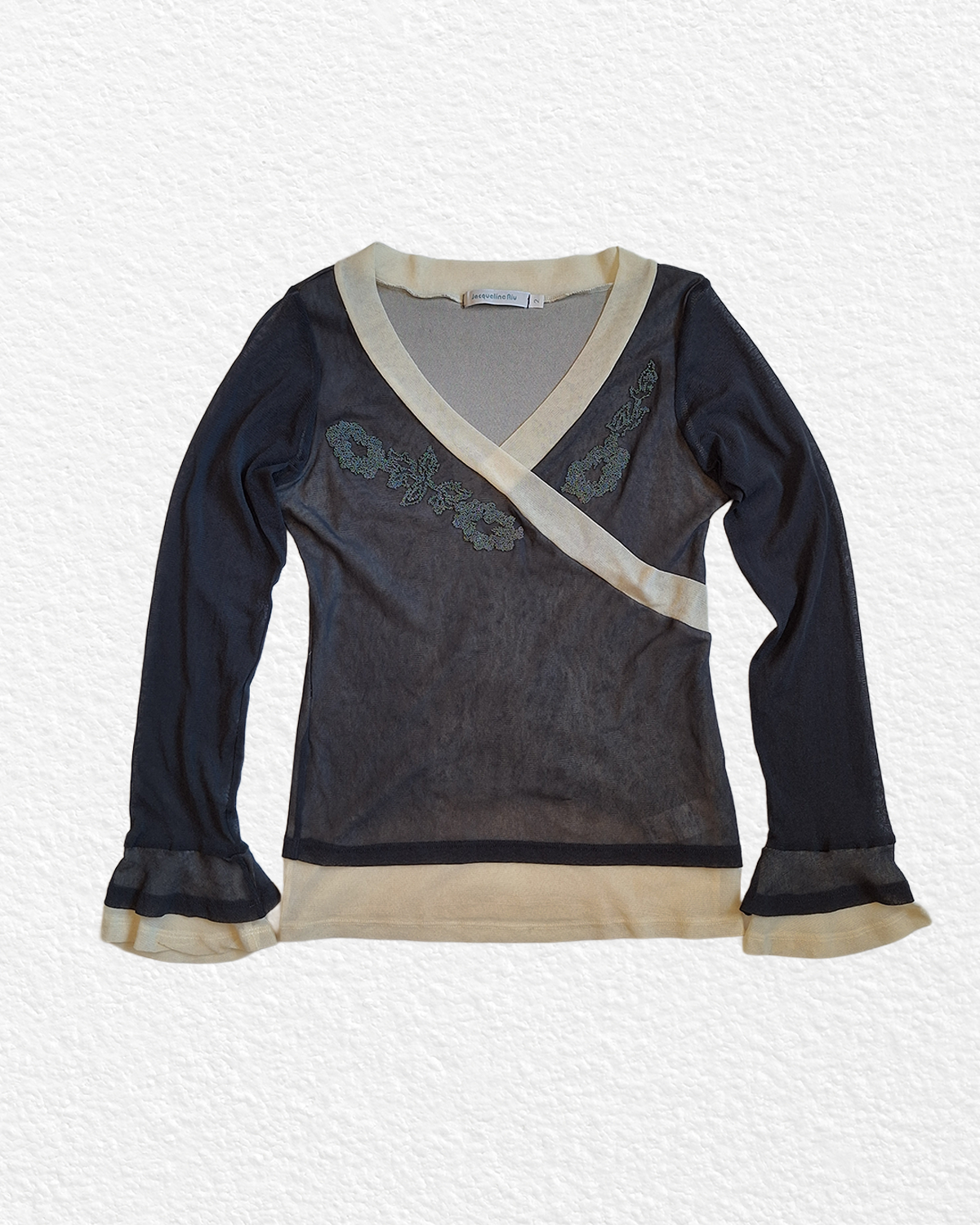 Asymmetric Long-Sleeve Mesh Top with Seams - S